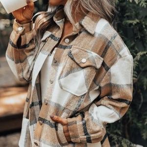 Khaki Tan Plaid Stripe Oversized Flannel Shirt Shacket